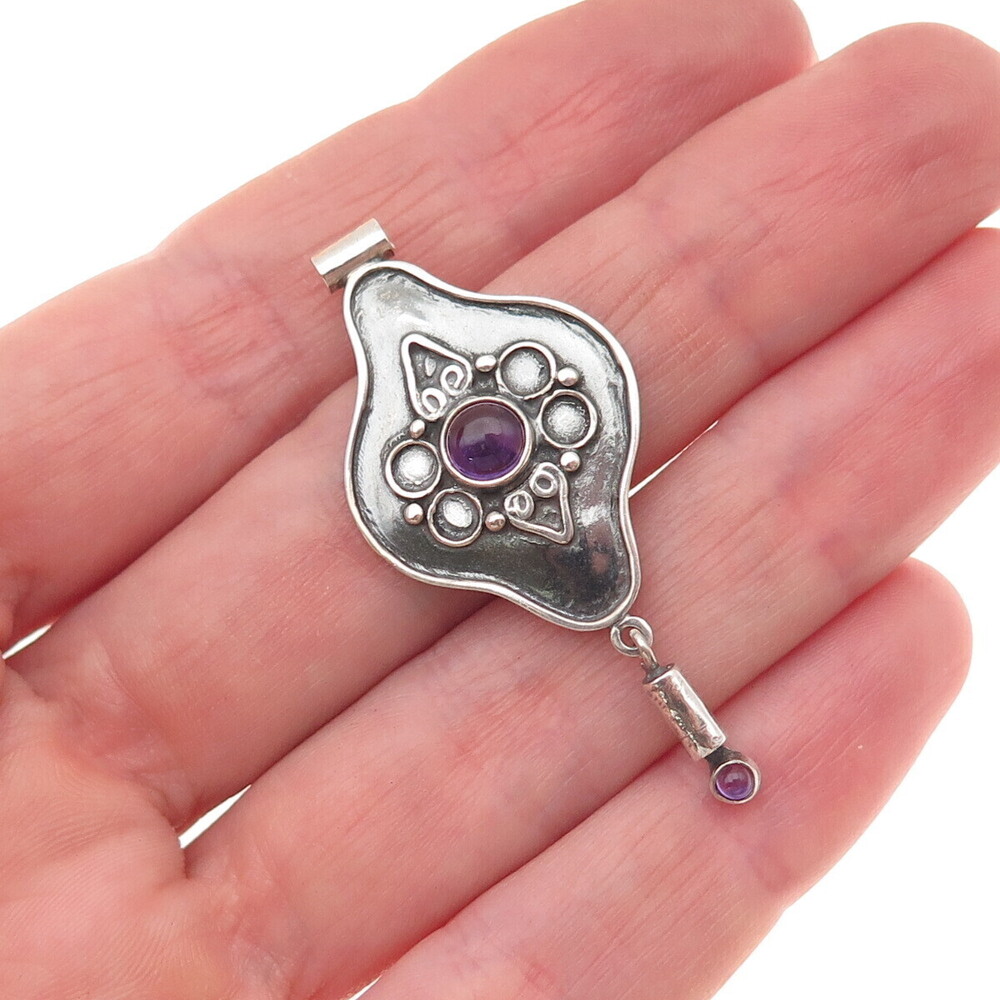 925 Sterling Silver Vintage Real Amethyst Modernist Oxidized Slide Pendant